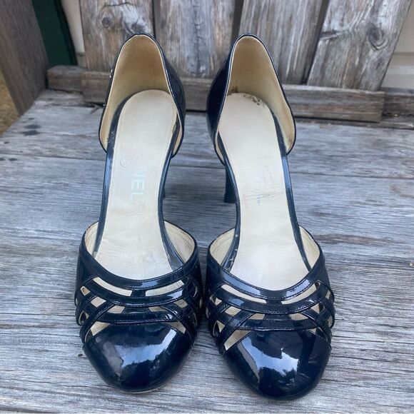 Chanel Chaus Ouvertes Noir Black Patent Heels Size 36 in navy - Picture 2 of 10